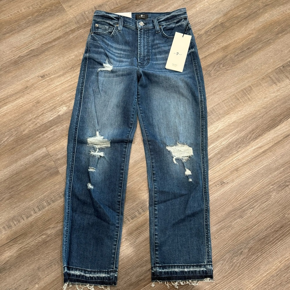 7 For All Mankind High Waist Cropped Straight In Sfam Alfred Destroy Blue Jeans